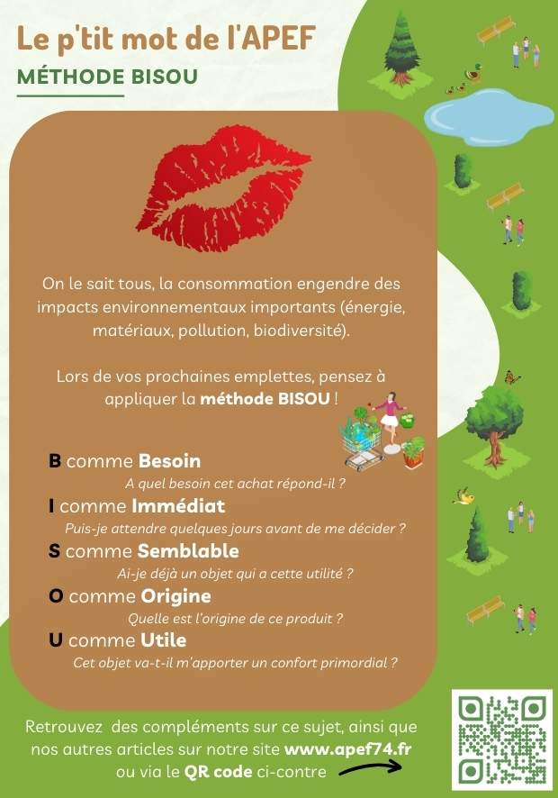 On le sait tous, la consommation engendre des impacts environnementaux importants (énergie, matériaux, pollution, biodiversité). Lors de vos prochaines emplettes, pensez à appliquer la méthode BISOU ! B comme Besoin, a quel besoin cet achat répond-il ? I comme Immédiat, puis-je attendre quelques jours avant de me décider ? S comme Semblable, ai-je déjà un objet qui a cette utilité ? O comme Origine, quelle est l’origine de ce produit ? U comme Utile, cet objet va-t-il m’apporter un confort primordial ?